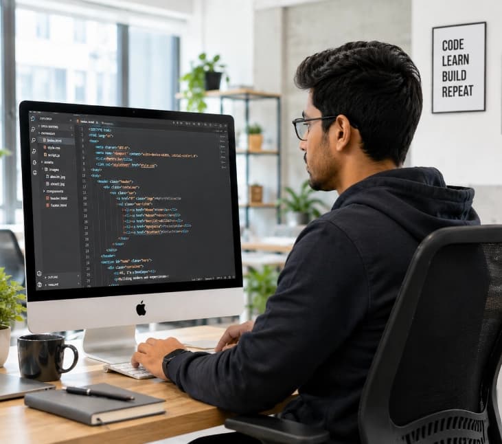 Frontend development course for designers in Kerala covering responsive UI, design-to-code skills, and AI-assisted coding through practical training.