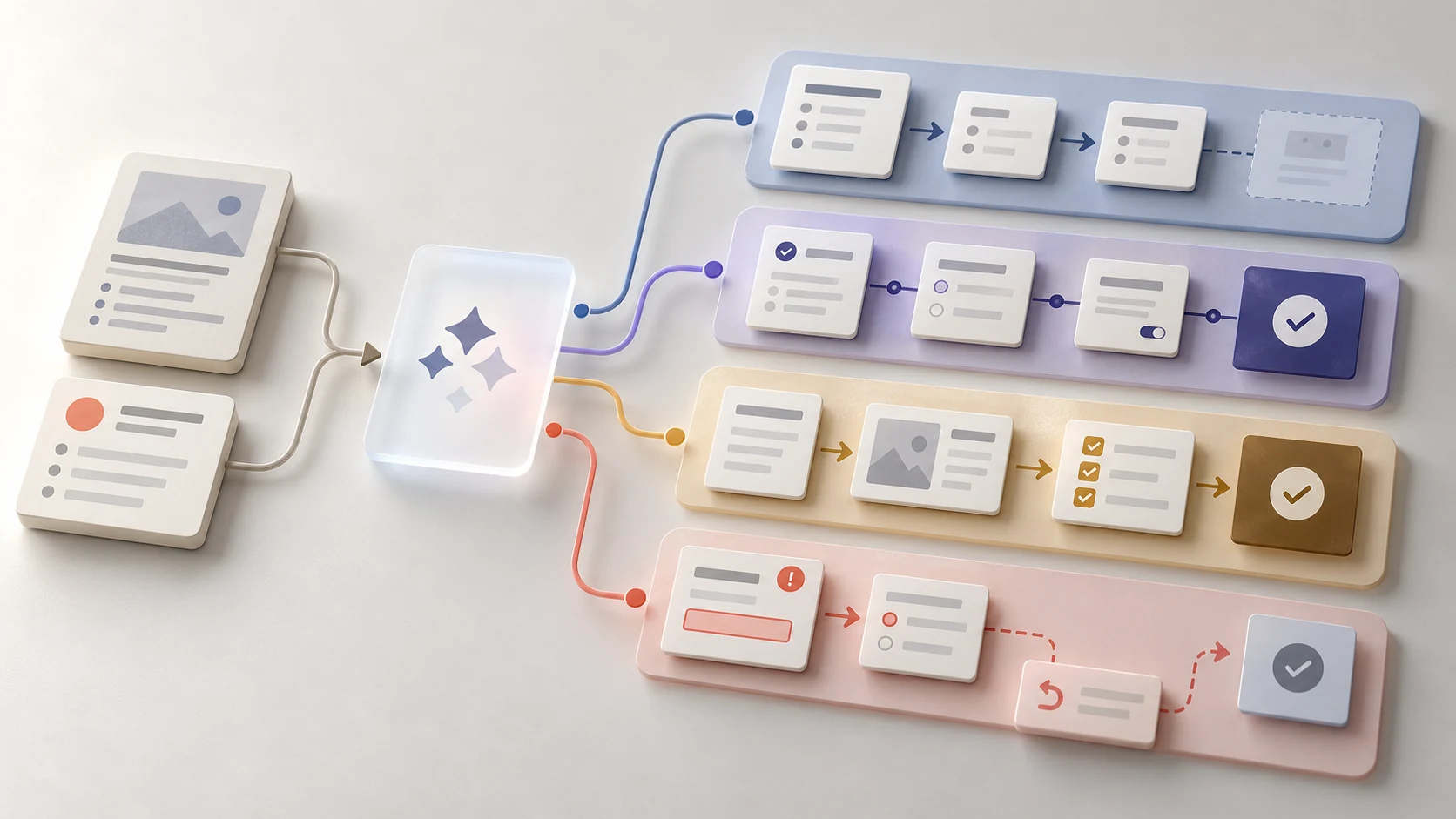 A task brief and evidence cards feeding an AI-assisted exploration layer that proposes four visually distinct user-flow alternatives