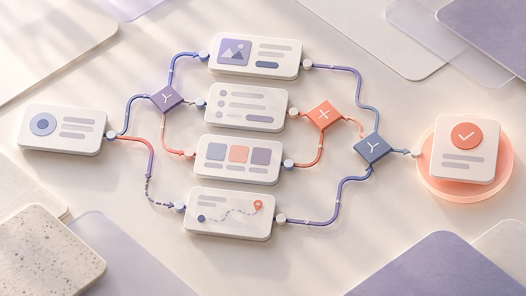 A UX task branching into several AI-assisted user-flow ideas before converging at a human review checkpoint.