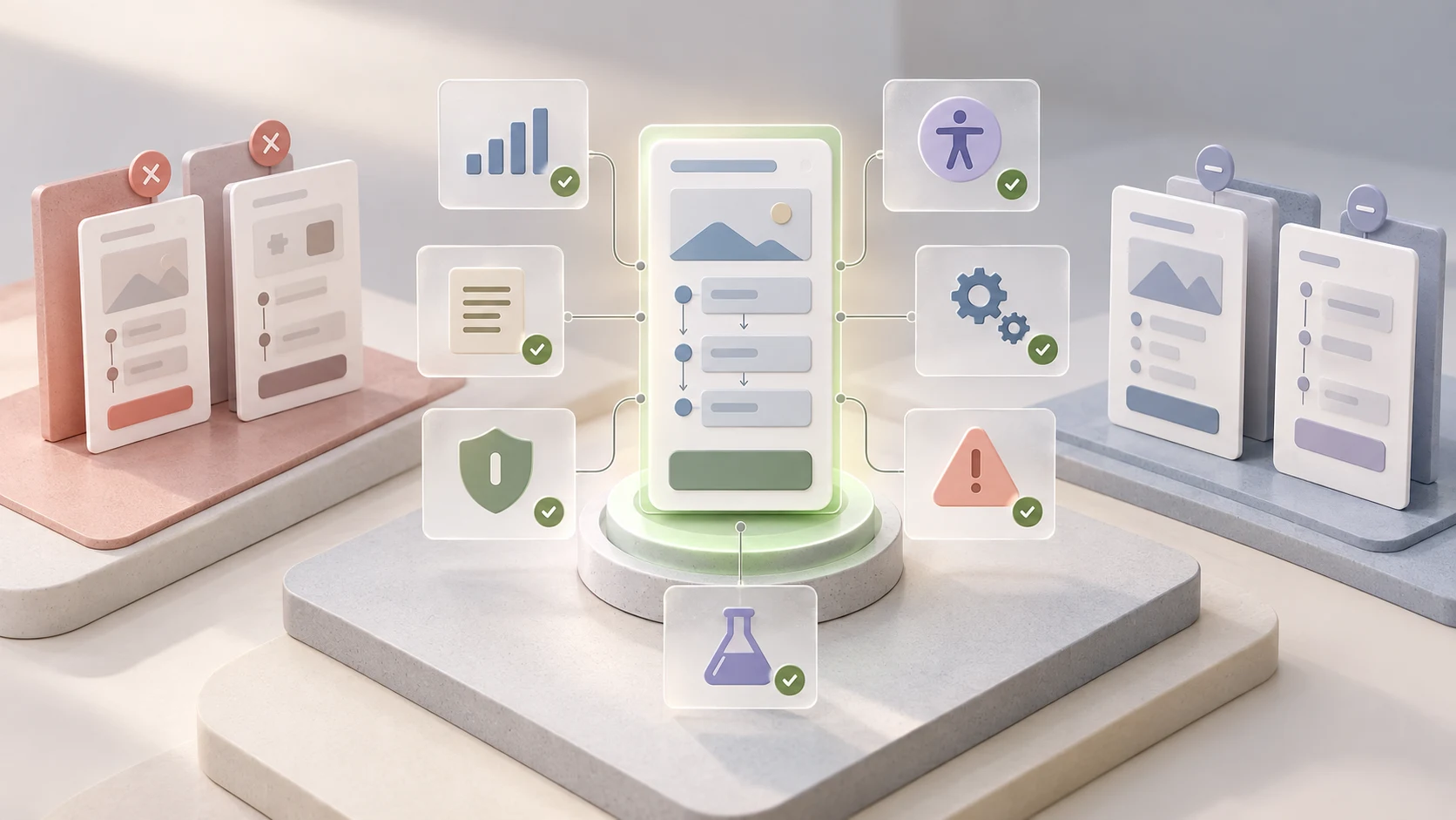 A selected interface flow reviewed against evidence, accessibility, privacy, technical constraints, error recovery and testing while weaker alternatives remain separate