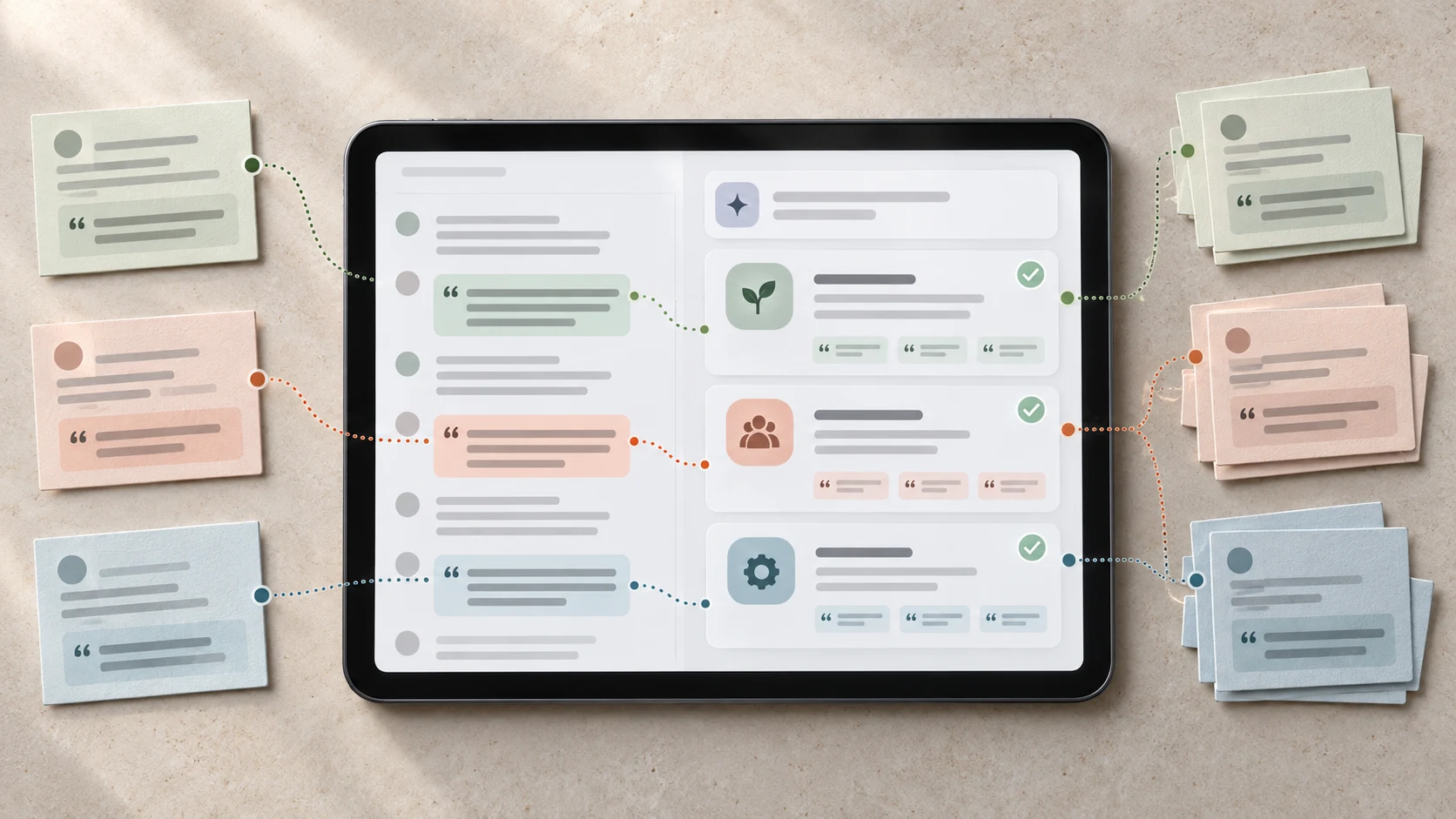 Tablet linking anonymized UX research notes to AI-suggested themes with source markers and review checks