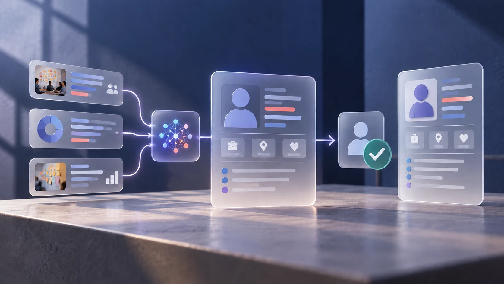 Research evidence flowing through an AI-assisted persona draft into a human review checkpoint.