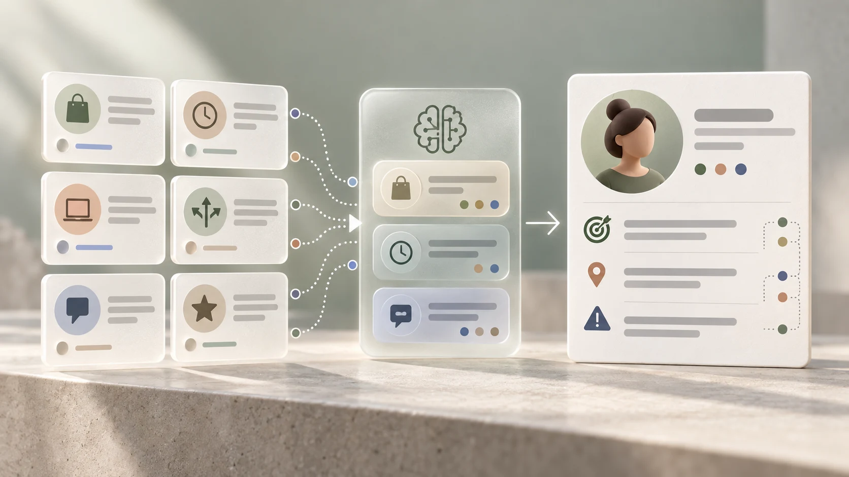 Anonymous UX research observations flowing through AI-assisted pattern grouping into a source-linked persona draft