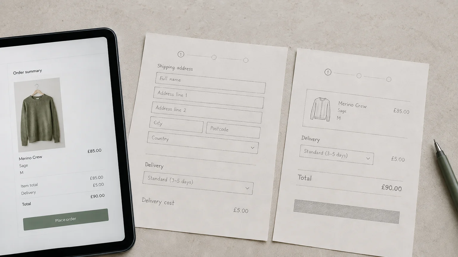 Two paper checkout layouts beside a tablet, comparing a hidden delivery charge with a visible order summary