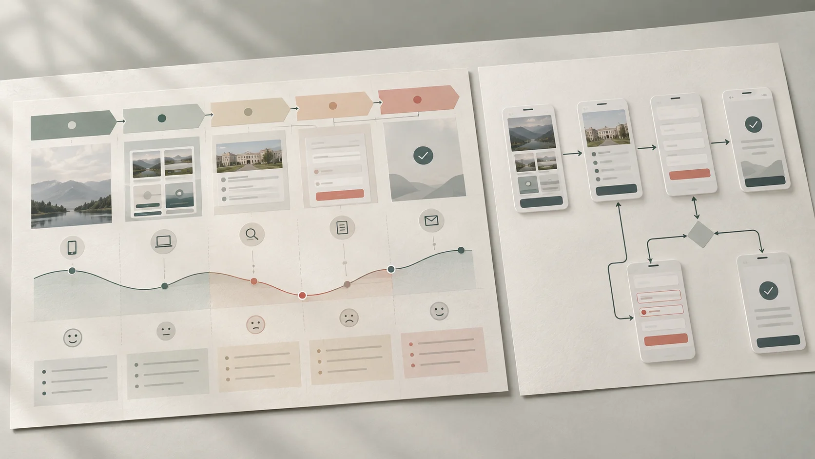 A broad user journey map beside a detailed branching user flow for a digital course enquiry.