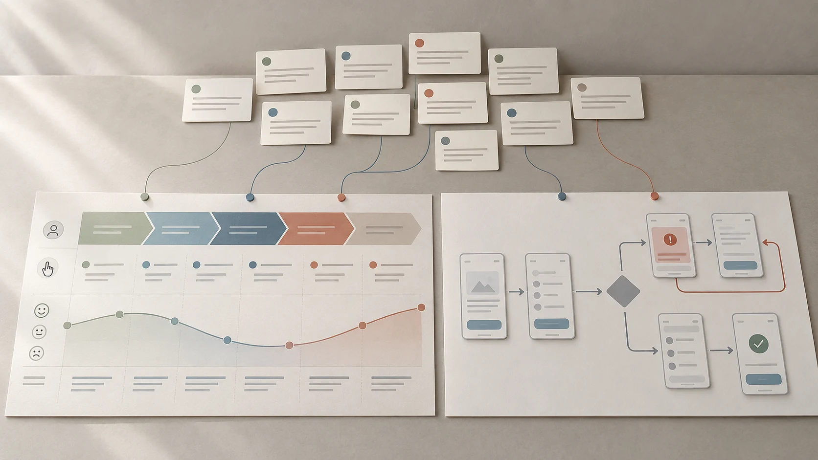 Anonymous research observations connected to a journey map with stages and an interface flow with decisions, error recovery and completion