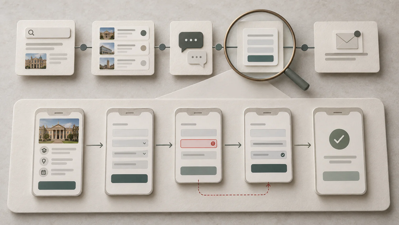 A broad course discovery and enquiry journey expanding into a detailed mobile enquiry form flow with validation and confirmation states