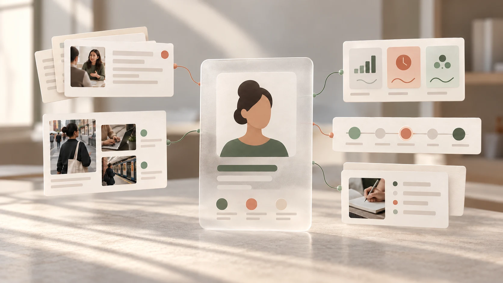 Evidence-based user persona connected to interview observations, behaviour patterns, journey stages and research notes.