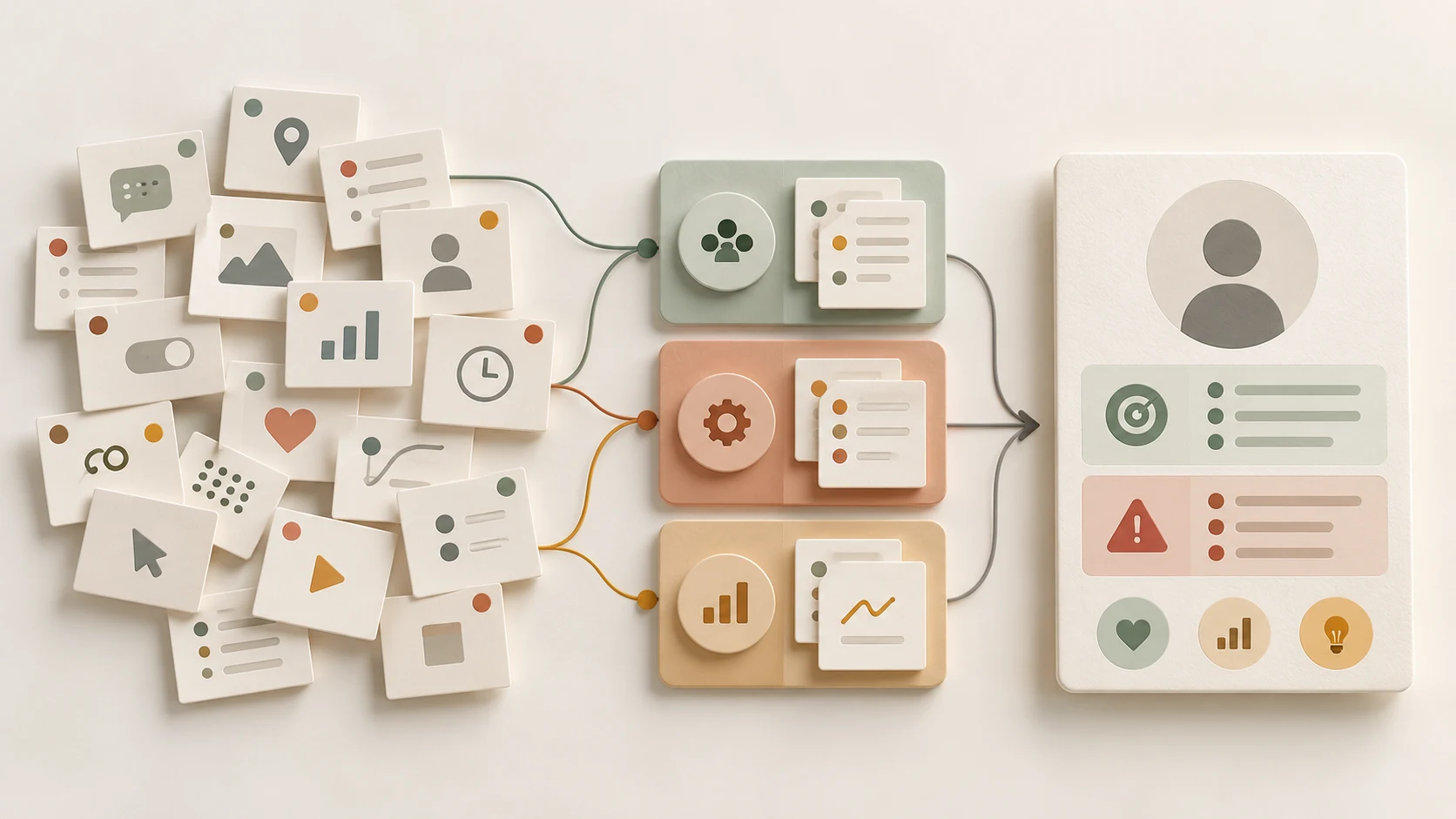 Research observation cards grouped into behaviour patterns and then connected to one evidence-based user persona