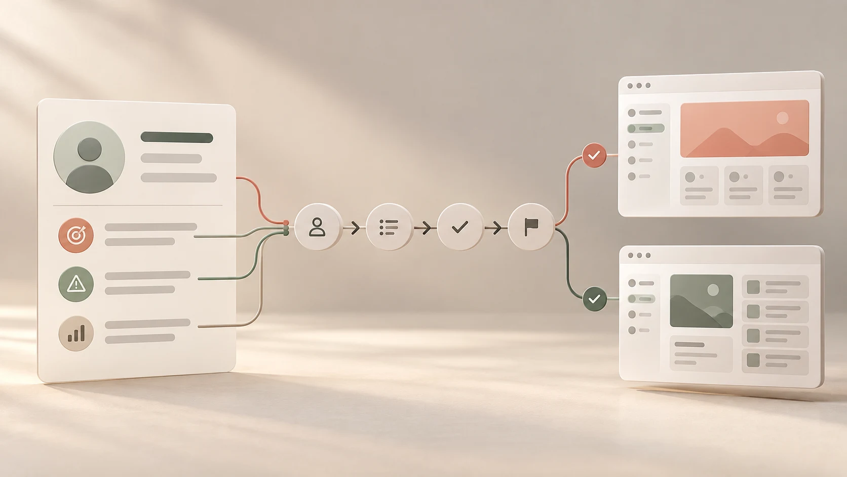 User persona goals and constraints connecting to a journey path and two interface design options