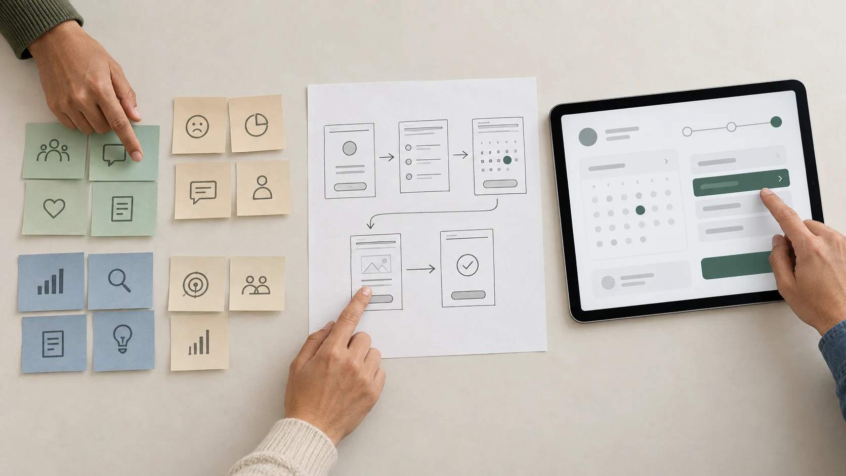 Overhead design critique connecting grouped research notes, a paper user flow and an appointment booking interface on a tablet