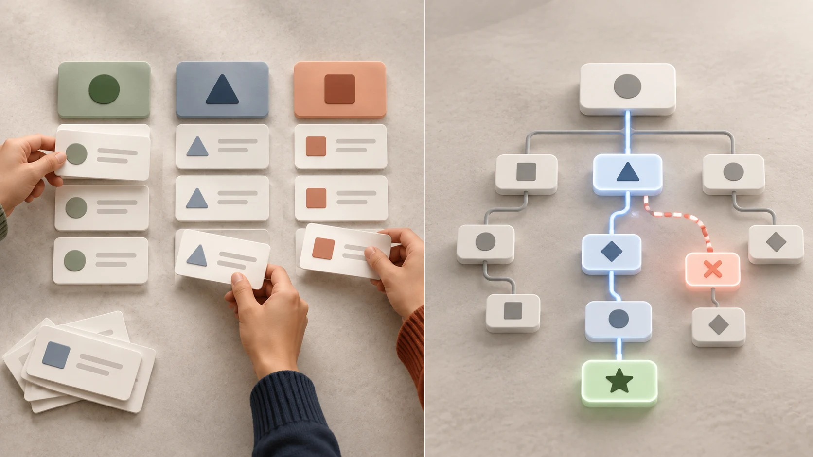 Content cards grouped into categories beside a branching hierarchy with one successful route and one failed route