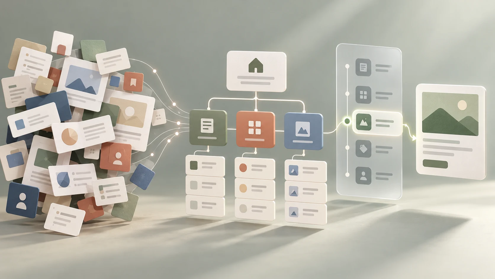 Unsorted digital content becoming a clear hierarchy and navigation path that leads to the right destination.
