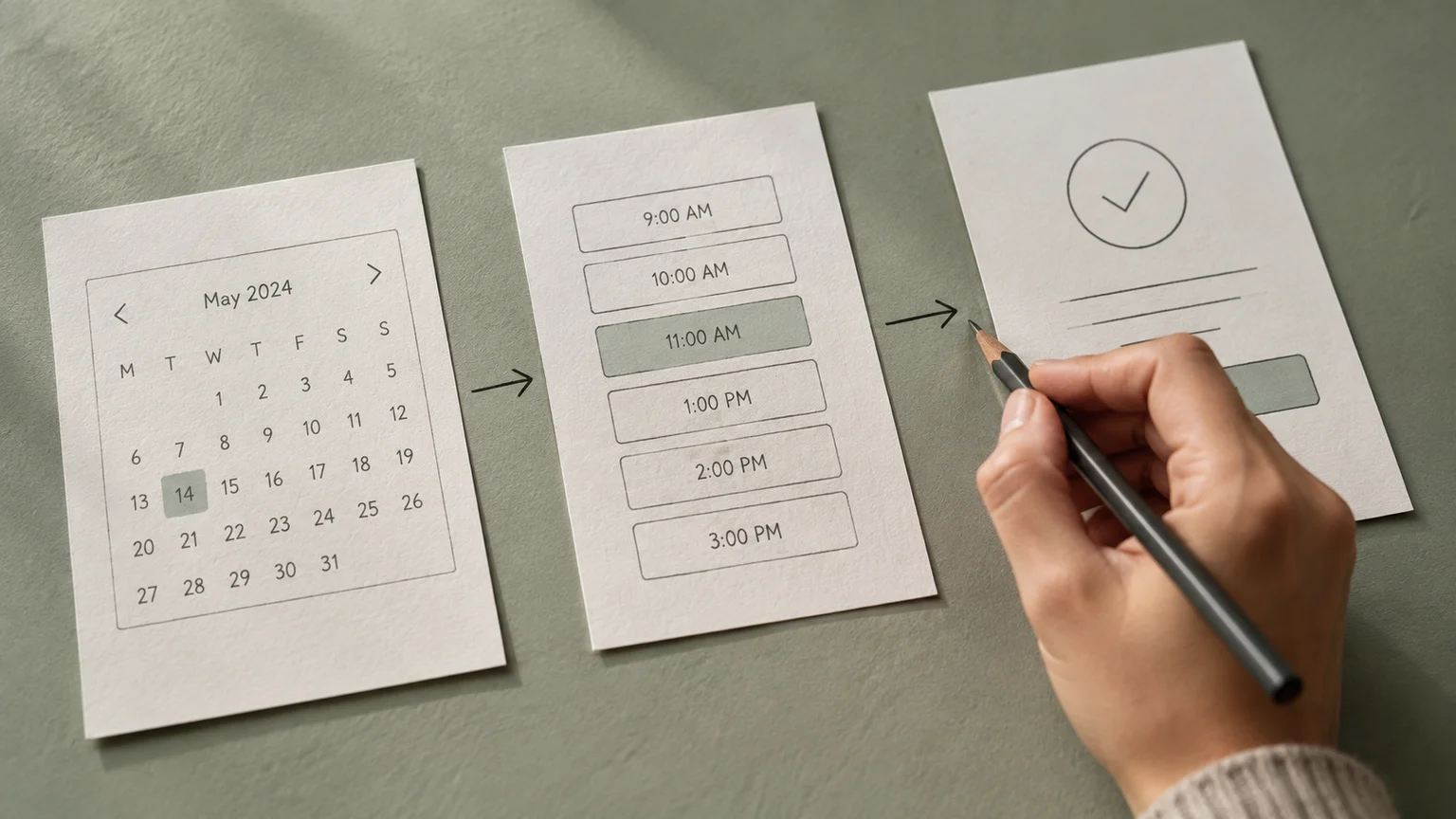 Paper wireframes showing date selection, appointment times and confirmation connected into a booking flow