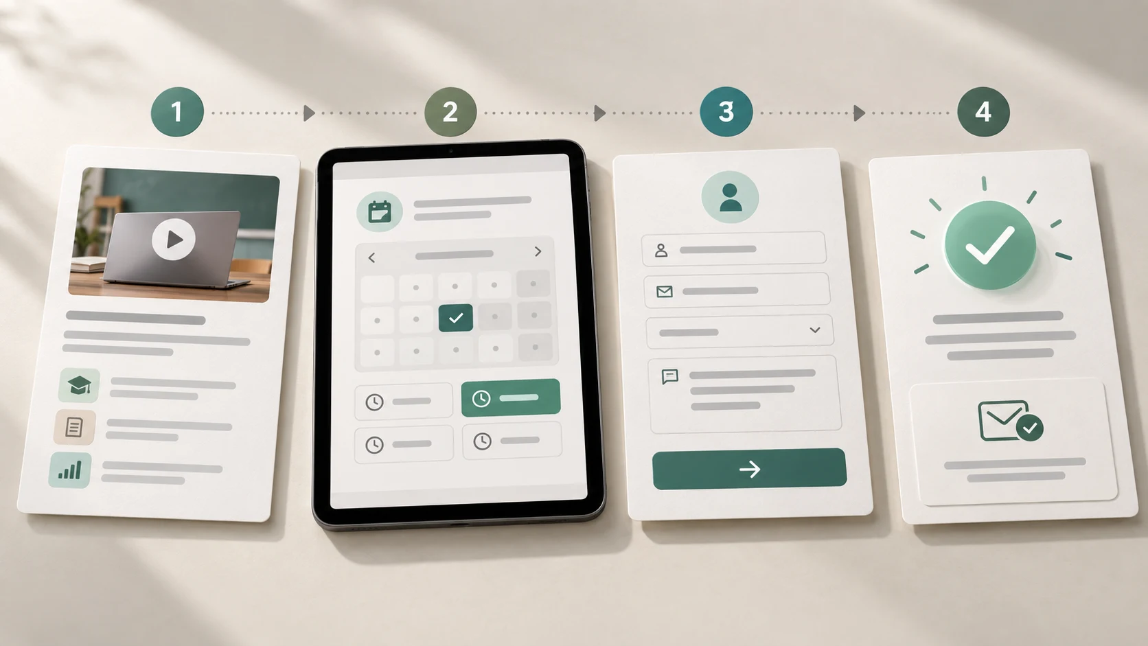 A calm, overhead view of a course enrolment journey mapped from course details through schedule selection to a confirmation screen