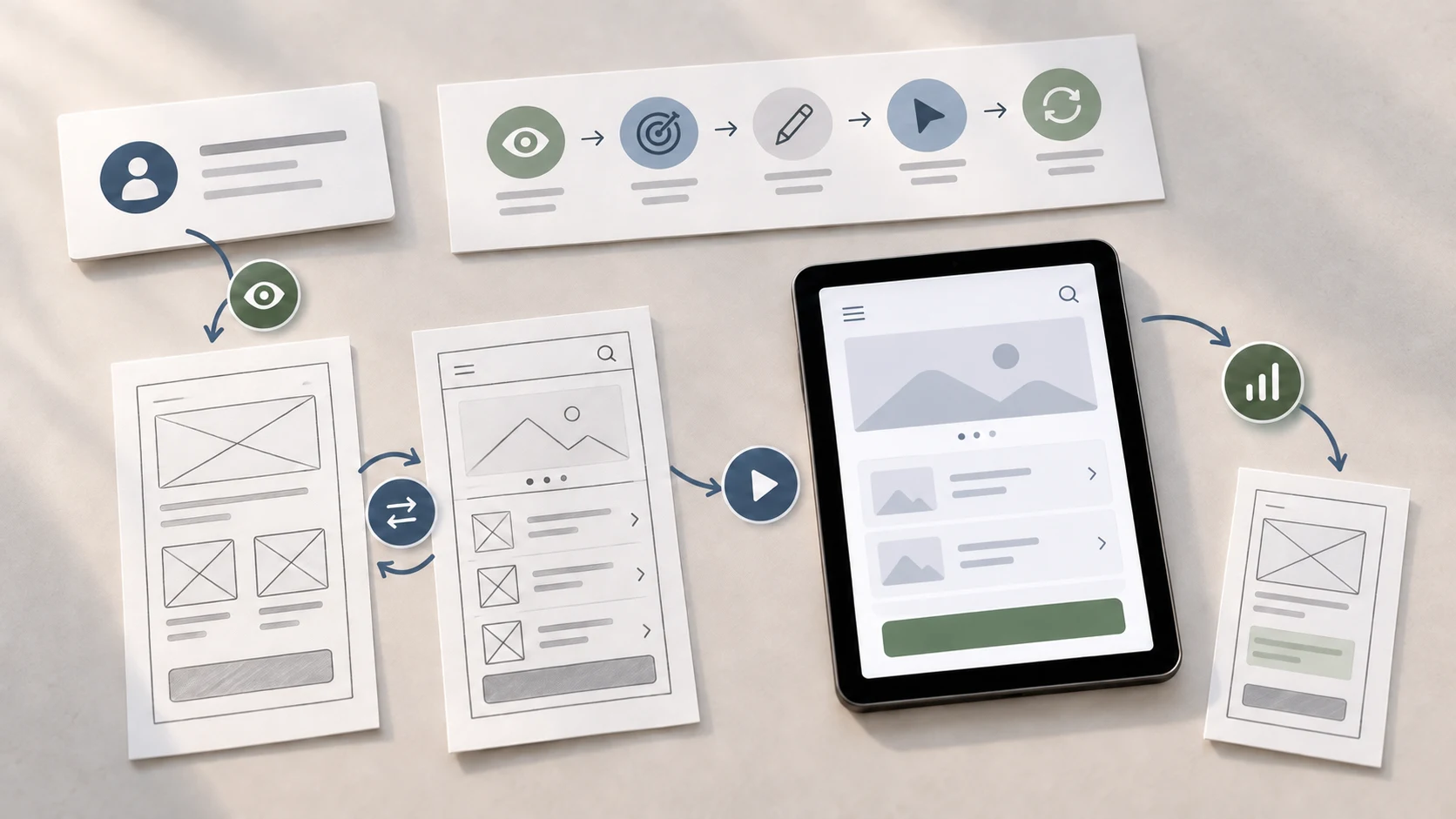 A simple paper user journey and alternative wireframe sketches arranged for a beginner UX design exercise