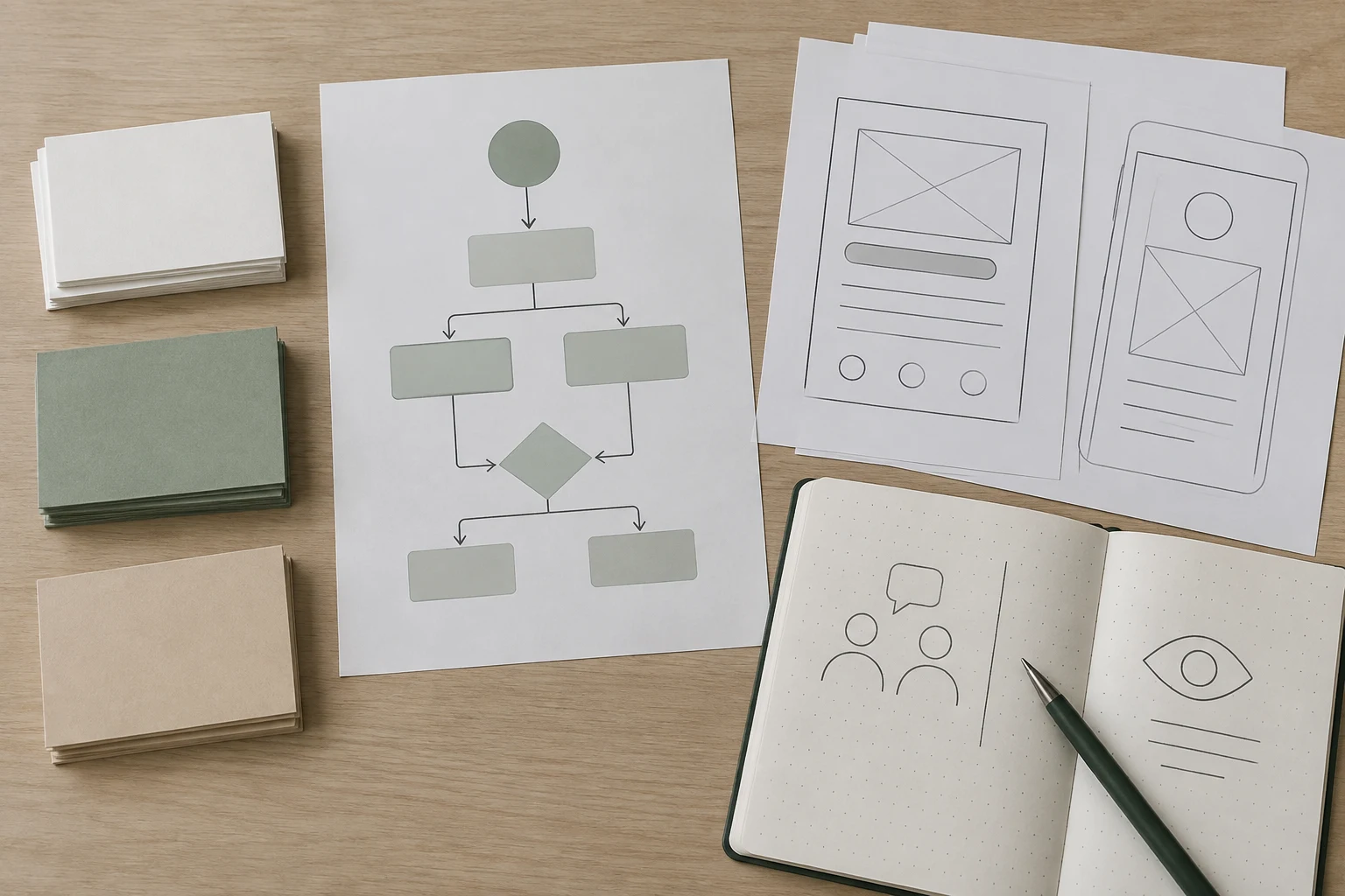 Paper task flow and interface sketches arranged to plan a beginner UX research session