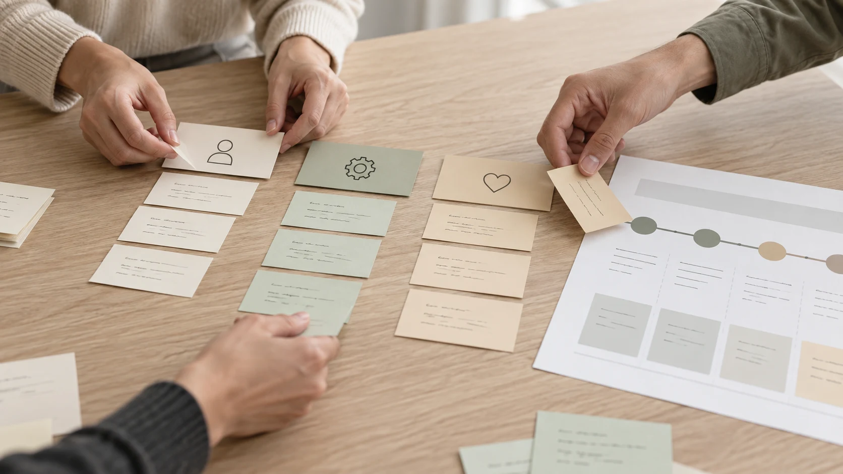 Hands group anonymized research notes into themes beside a simple journey map